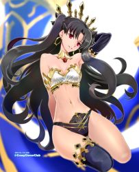 Rule 34 | 1girl, absurdres, armlet, asymmetrical legwear, asymmetrical sleeves, bare shoulders, black hair, commentary, commentary request, crown, detached sleeves, earrings, elbow gloves, fate/grand order, fate (series), gloves, hair ornament, highres, hoop earrings, ishtar (fate), jewelry, long hair, long legs, neck ring, parted bangs, red eyes, shirotsumekusa, single detached sleeve, single elbow glove, single sleeve, single thighhigh, solo, thighhighs, tiara, uneven legwear, uneven sleeves, very long hair