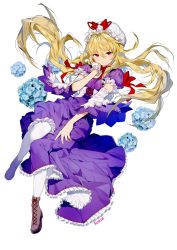 Rule 34 | 1girl, artist name, blonde hair, brown footwear, closed mouth, cross-laced footwear, detached sleeves, dress, floating hair, frilled dress, frills, full body, gloves, hat, hat ribbon, long hair, looking at viewer, mob cap, pantyhose, puffy sleeves, purple dress, red eyes, red ribbon, ribbon, shoes, single glove, smile, solo, sukja, touhou, twintails, white gloves, white pantyhose, wide sleeves, yakumo yukari