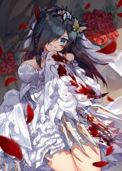 Rule 34 | 1girl, absurdres, animal ears, aqua eyes, blood, blood on clothes, blood on face, bouquet, braid, bug, butterfly, claw (weapon), dragon ears, dress, evil grin, evil smile, flower, gradient hair, grin, hair over one eye, highres, insect, jewelry, kuuron (moesann17), multicolored hair, ornate ring, puzzle &amp; dragons, ring, ringed eyes, roche (p&amp;d), sleeves past fingers, sleeves past wrists, smile, weapon, wedding dress, wedding ring