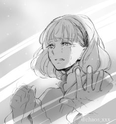 Rule 34 | 1girl, against glass, aldnoah.zero, bad id, bad twitter id, blunt bangs, bob cut, chaos xxx, clenched teeth, crying, crying with eyes open, glass, greyscale, hairband, high collar, lemrina vers envers, long sleeves, monochrome, sad, short hair, signature, solo, space, star (sky), streaming tears, tears, teeth