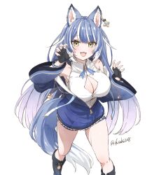 Rule 34 | 1girl, :3, :d, animal ear fluff, animal ears, bare shoulders, black footwear, black gloves, blue hair, blue jacket, blue shorts, boots, breasts, claw pose, cleavage, cleavage cutout, clothing cutout, ear piercing, fangs, fuusuke (fusuke208), gloves, highres, jacket, large breasts, long hair, long sleeves, looking at viewer, off shoulder, open mouth, piercing, shirt, short shorts, shorts, simple background, sirius ururu, sleeveless, sleeveless shirt, smile, solo, star ring vpro, swept bangs, tail, twitter username, very long hair, virtual youtuber, white background, white hair, white shirt, wide sleeves, wolf ears, wolf girl, wolf tail, yellow eyes