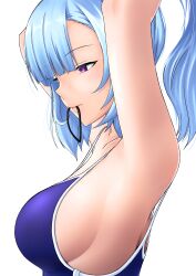 Rule 34 | 1girl, absurdres, adjusting hair, animal ears, armpits, arms up, blue hair, blue one-piece swimsuit, breasts, closed mouth, competition school swimsuit, from side, hair tie in mouth, highres, horse ears, horse girl, large breasts, light blue hair, long hair, mejiro ardan (umamusume), mouth hold, one-piece swimsuit, oryou gunsou, ponytail, purple eyes, school swimsuit, school uniform, sideboob, simple background, solo, swimsuit, tracen school uniform, umamusume, white background