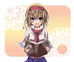 Rule 34 | 1girl, alice margatroid, bad id, bad pixiv id, blonde hair, blue eyes, blush, book, capelet, fang, female focus, hairband, hikobae, holding, open book, solo, touhou