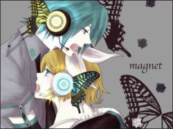 Rule 34 | 1boy, 1girl, blonde hair, blue eyes, blue theme, bow, bug, butterfly, butterfly hair ornament, butterfly wings, ebimayo, flower, genderswap, genderswap (ftm), green hair, hair ornament, hatsune mikuo, headphones, hetero, hug, insect, insect wings, kagamine rin, magnet (vocaloid), open mouth, short hair, vocaloid, wings