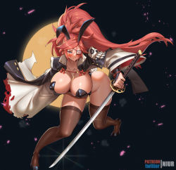 Rule 34 | 1girl, animal ears, baiken, breasts, cleavage, eyepatch, facial tattoo, fake animal ears, female focus, guilty gear, guilty gear strive, japanese clothes, katana, kimono, large breasts, leaning forward, leotard, long hair, multicolored clothes, multicolored kimono, niur, one-eyed, pink hair, playboy bunny, ponytail, rabbit ears, rabbit tail, red eyes, sash, scar, scar across eye, scar on face, solo, sword, tattoo, weapon, white kimono