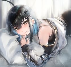 Rule 34 | 1girl, ahoge, bare shoulders, black bow, black hair, black nails, blue hair, blush, bow, brown eyes, camisole, closed mouth, commentary, cross, cross earrings, earrings, english commentary, hair bow, hair ornament, hairclip, highres, indoors, irene (kanniiepan), jacket, jewelry, kanniiepan, looking at viewer, lying, mole, mole under eye, multicolored hair, nail polish, off shoulder, on bed, on stomach, open clothes, open shirt, original, pillow, ring, smile, solo, two-tone hair, white jacket
