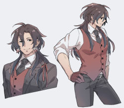 Rule 34 | 1boy, alternate hairstyle, belt, belt buckle, black belt, black eyes, black hair, black jacket, black necktie, black pants, buckle, collared shirt, constantine xi (fate), cowboy shot, cowlick, cropped legs, cropped torso, earrings, eyes visible through hair, fate/grand order, fate (series), gloves, hair between eyes, hair ribbon, half gloves, hand on own hip, jacket, jewelry, long hair, looking at viewer, low-tied long hair, male focus, multiple views, necktie, nukaduke000, pants, red gloves, red ribbon, red vest, ribbon, shirt, simple background, sleeves rolled up, smile, suit jacket, upper body, vest, white background, white shirt