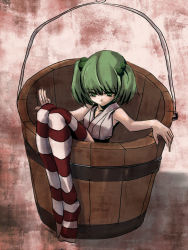 Rule 34 | 1girl, bad anatomy, bad id, bad pixiv id, bucket, female focus, green eyes, green hair, hair bobbles, hair ornament, in bucket, in container, kisume, kuronuko neero, legs, long legs, sitting, solo, striped clothes, striped thighhighs, thighhighs, touhou, twintails