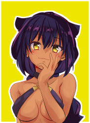 Rule 34 | 1girl, absurdres, bare shoulders, black hair, blush, braid, breasts, closed mouth, dark-skinned female, dark skin, hair between eyes, hair flaps, hand to own mouth, highres, jahy, jahy-sama wa kujikenai!, large breasts, long hair, looking at viewer, o-ring, o-ring top, outline, simple background, single braid, smile, solo, toshizou (0714), very long hair, yellow background, yellow eyes