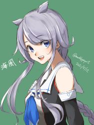 Rule 34 | 1girl, black gloves, blue eyes, blue neckerchief, braid, character name, collared shirt, dated, elbow gloves, gloves, green background, hair flaps, hair tie, highres, kantai collection, long hair, looking at viewer, neckerchief, parted bangs, shirt, single braid, sleeveless, sleeveless shirt, solo, twitter username, umibudou, umikaze (kancolle), umikaze kai ni (kancolle), upper body, very long hair, white hair