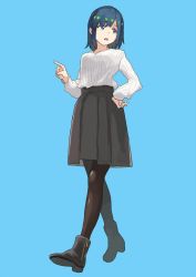 Rule 34 | 1girl, :o, black footwear, black pantyhose, black skirt, blue background, blue eyes, blue hair, full body, hair down, hair ornament, hairpin, hand on own hip, high-waist skirt, kantai collection, long sleeves, looking to the side, matsutani, open mouth, pantyhose, pointing, ribbed sweater, simple background, skirt, solo, souryuu (kancolle), standing, sweater, tareme, white sweater