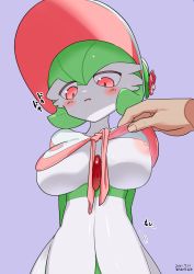 Rule 34 | 1girl, 1other, 2021, assisted exposure, blush, bonnet, breasts, creatures (company), dated, disembodied hand, dress, female focus, game freak, gardevoir, gen 3 pokemon, green hair, highres, large breasts, lips, nayuta takumi, nintendo, nipples, pink eyes, pokemon, pokemon (creature), pokemon unite, shiny clothes, shiny skin, short hair, solo, translation request