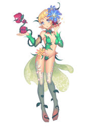 Rule 34 | 1girl, armpits, bare shoulders, blonde hair, blue eyes, blush, breasts, choker, cleavage, collarbone, colored eyelashes, fiodo, floral print, flower, full body, groin, hair flower, hair ornament, highres, leaf, leaf bikini, long sleeves, midriff, navel, original, over-kneehighs, parted lips, plant, red flower, red rose, rose, short hair, showgirl skirt, simple background, small breasts, solo, thighhighs, thorns, vines, white background, white thighhighs