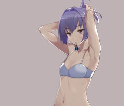 Rule 34 | 10s, 1girl, adjusting hair, armpits, bra, eight tohyama, hair ornament, kantai collection, mouth hold, navel, ponytail, purple eyes, purple hair, shiranui (kancolle), short hair, simple background, solo, underwear, underwear only, white bra