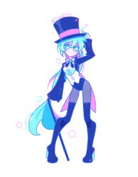 Rule 34 | 1girl, absurdres, black footwear, black headwear, black jacket, black leotard, black neckwear, blue eyes, blue hair, blush, boots, breasts, cane, dizzyisdizzy, hat, hatsune miku, high heels, highres, jacket, leotard, long hair, long sleeves, looking at viewer, open clothes, open jacket, ponytail, print jacket, print leotard, shirt, small breasts, smile, standing, star (symbol), star print, thigh boots, thighhighs, top hat, twitter username, vocaloid, white background, white shirt