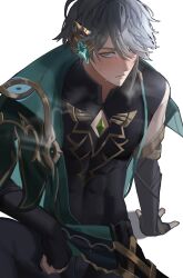 Rule 34 | 1boy, alhaitham (genshin impact), armlet, asymmetrical sidelocks, belt, black gloves, black pants, black shirt, cable, cape, chest jewel, closed mouth, covered abs, facing viewer, fingerless gloves, gem, genshin impact, gloves, gold trim, green cape, green eyes, grey hair, hair between eyes, hair over one eye, hand on own leg, headphones, highres, invisible floor, light blush, looking at viewer, male focus, mandarin collar, mora (moraippai), multicolored eyes, one eye covered, pants, parted bangs, sash, shadow, shirt, short hair, shoulder sash, sidelocks, simple background, single bare shoulder, sitting, solo, steaming body, sweat, swept bangs, white background