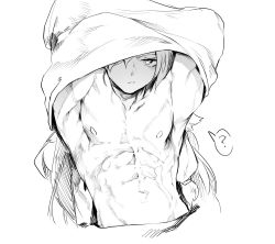Rule 34 | 1boy, ?, abs, absurdres, armpits, closed mouth, greyscale, arms up, highres, long hair, looking at viewer, male focus, monochrome, navel, nipples, niwamaru (niwarhythm), niwarhythm, original, pectorals, shirt, topless male, simple background, solo, spoken question mark, undressing, white background
