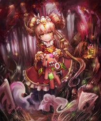 Rule 34 | 1girl, bad id, bad pixiv id, black footwear, black legwear, blood, blood on face, brown hair, dress, forest, full body, hair ornament, horns, knife, long hair, looking at viewer, my700, nature, original, outdoors, planted, planted knife, planted weapon, red dress, smile, solo, standing, stuffed toy, tree, very long hair, voodoo doll, weapon, yellow eyes