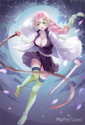 Rule 34 | 1girl, artist name, belt, black jacket, black skirt, blouse, braid, breasts, cherry blossoms, cleavage, collarbone, commentary request, floating, full body, full moon, gradient hair, green eyes, green hair, green thighhighs, haori, jacket, japanese clothes, kanroji mitsuri, katana, kimetsu no yaiba, laaaaaaaa, large breasts, long hair, looking at viewer, miniskirt, mole, mole under eye, moon, multicolored hair, night, night sky, open mouth, outdoors, partially unbuttoned, petals, pink hair, pleated skirt, ribbed legwear, scabbard, sheath, shirt, skirt, sky, solo, sword, thighhighs, thighs, tri braids, two-tone hair, weapon, whip sword, white shirt, wide sleeves