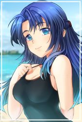 Rule 34 | 1girl, asakura ryouko, beach, black one-piece swimsuit, blue eyes, blue hair, breasts, cleavage, competition swimsuit, framed, highres, long hair, looking at viewer, medium breasts, nao (doublexdutch), one-piece swimsuit, parted bangs, sleeveless, smile, solo, suzumiya haruhi no yuuutsu, swimsuit, upper body, water