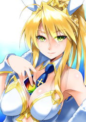 Rule 34 | 1girl, ahoge, animal ears, artoria pendragon (all), artoria pendragon (fate), artoria pendragon (swimsuit ruler) (fate), bare shoulders, between breasts, blonde hair, blue background, blue neckwear, blush, braid, breasts, card, cleavage, closed mouth, clothing cutout, detached collar, fake animal ears, fate/grand order, fate (series), feather boa, french braid, gradient background, green eyes, hair between eyes, highres, large breasts, leotard, long hair, looking at viewer, navel cutout, necktie, playboy bunny, playing card, ponytail, rabbit ears, sidelocks, smile, sumeragi tomo, tiara, white leotard, wrist cuffs