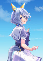 Rule 34 | 1girl, animal ears, back bow, blue eyes, blue sky, blush, bow, clothing cutout, cloud, commentary request, ear covers, from behind, gakeumi, hair between eyes, highres, horse ears, horse girl, horse tail, k.s.miracle (umamusume), looking at viewer, looking back, medium hair, outdoors, parted lips, partial commentary, puffy short sleeves, puffy sleeves, purple bow, purple shirt, school uniform, shirt, short sleeves, skirt, sky, smile, solo, summer uniform, tail, tail through clothes, tracen school uniform, umamusume, white skirt