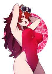 Rule 34 | 1girl, armpits, arms up, aulauly, breasts, brown hair, eyewear on head, friday night funkin&#039;, girlfriend (friday night funkin&#039;), heart, highres, large breasts, long hair, one-piece swimsuit, open mouth, red eyes, red one-piece swimsuit, smile, solo, standing, sunglasses, swimsuit, teeth, upper teeth only, wet