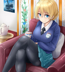 Rule 34 | 1girl, black neckwear, black pantyhose, blonde hair, blue eyes, blue skirt, blue sweater, blush, braid, breasts, chair, collared shirt, crossed legs, cup, darjeeling (girls und panzer), emblem, folding screen, girls und panzer, hair between eyes, hand on lap, highres, holding, holding cup, jewelry, kitayama miuki, legs, long sleeves, looking at viewer, necklace, pantyhose, pillow, pleated skirt, poster (object), school uniform, shirt, sitting, skirt, smile, st. gloriana&#039;s (emblem), st. gloriana&#039;s school uniform, sweater, swept bangs, table, teacup, teapot, thighs, white shirt