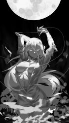 Rule 34 | 1girl, absurdres, arm behind head, arms up, b shan, bodysuit, breasts, breasts apart, cowboy shot, greyscale, hair between eyes, highres, large breasts, long hair, monochrome, moon, no bra, original, parted lips, plunging neckline, prosthesis, prosthetic arm, solo, thread