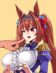 Rule 34 | 1girl, animal ears, asanagi, blush, bow, breasts, daiwa scarlet (umamusume), epaulettes, fang, hair between eyes, hair bow, highres, horse ears, horse girl, large breasts, long hair, one eye closed, open mouth, red bow, red eyes, red hair, simple background, solo focus, tiara, twintails, umamusume, upper body, yellow background