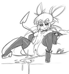 Rule 34 | 1girl, after vaginal, aftersex, bad id, bad tumblr id, bat wings, bigdead, boots, bracelet, collar, cum, cum in pussy, cumdrip, demon girl, demon tail, disgaea, earrings, elbow gloves, etna (disgaea), flat chest, gloves, greyscale, high heel boots, high heels, highres, jewelry, lineart, mini wings, monochrome, nipples, pointy ears, sketch, skull earrings, solo, spread legs, tail, thigh boots, thighhighs, topless, twintails, uncensored, wings