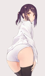 Rule 34 | 1girl, ass, black hair, black thighhighs, commentary, cowboy shot, from behind, grey background, highres, long hair, long sleeves, looking at viewer, looking back, no pants, orange eyes, original, panties, ponytail, rimo, shirt, simple background, solo, standing, thighhighs, underwear, white panties, white shirt
