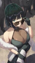 Rule 34 | 1girl, 4others, adjusting eyewear, bare shoulders, black dress, black gloves, black hair, bracelet, breasts, cleavage, closed mouth, dress, feather boa, from above, fubuki (one-punch man), gloves, green eyes, hand on eyewear, highres, holding, holding wallet, jewelry, large breasts, looking at viewer, m.q (mqkyrie), multiple others, one-punch man, people, short hair, signature, smile, solo focus, sunglasses, wallet, women&#039;s wallet
