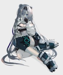 Rule 34 | 1girl, animal ears, arknights, artist name, aurora (arknights), bear ears, belt pouch, black gloves, black hairband, black shorts, blue eyes, blue footwear, breasts, clawed boots, cleavage, closed mouth, crop top, enne kl, eyes visible through hair, full body, gloves, hair ornament, hair over one eye, hairband, hairclip, highres, infection monitor (arknights), knee pads, long hair, long sleeves, looking at viewer, medium breasts, pouch, short shorts, shorts, silver hair, sitting, solo, sports bra, unzipped, very long hair