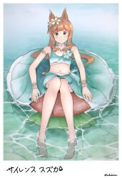 Rule 34 | 1girl, animal ears, aqua eyes, arm strap, balladeluce, barefoot, blue sarong, bracelet, braid, breasts, closed mouth, commentary, crown braid, ear ornament, highres, hime cut, horse ears, horse girl, horse tail, innertube, jewelry, looking at viewer, navel, necklace, ocean, official alternate costume, outdoors, sarong, silence suzuka (emerald on the waves) (umamusume), silence suzuka (umamusume), small breasts, solo, swim ring, swimsuit, tail, twitter username, umamusume, water, wet