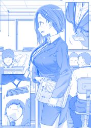 Rule 34 | 1girl, 3boys, :d, blue theme, breasts, business suit, comic, earrings, envelope, faceless, faceless male, formal, from side, getsuyoubi no tawawa, hair ornament, hair over eyes, hairclip, himura kiseki, id card, jewelry, kouhai-chan (tawawa), lanyard, large breasts, monochrome, multiple boys, office, office lady, open mouth, original, paper, pencil skirt, profile, side slit, silent comic, sitting, skirt, skirt suit, smile, suit, sweatdrop, walking
