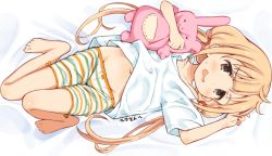 Rule 34 | 1girl, bed sheet, blonde hair, brown eyes, collarbone, futaba anzu, holding, holding stuffed toy, idolmaster, idolmaster cinderella girls, long hair, looking at viewer, low twintails, lying, mirakichi, on back, open mouth, short sleeves, shorts, solo, striped clothes, striped shorts, stuffed animal, stuffed rabbit, stuffed toy, sweatdrop, twintails, wavy mouth