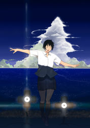 Rule 34 | 1girl, bad id, bad pixiv id, balancing, black hair, cloud, closed eyes, female focus, flood light, horizon, kneehighs, open mouth, original, outdoors, outstretched arms, shiira, shirt, short hair, skirt, sky, socks, solo, spread arms