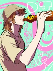 Rule 34 | 10s, 1boy, bad id, bad pixiv id, brown hair, bucket hat, character name, doromame, drinking, facial hair, hat, long hair, looking at viewer, male focus, multicolored background, mustache, oil, oiri iori, solo, stubble, tonkatsu dj agetarou, upper body