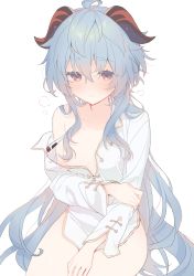 Rule 34 | 1girl, absurdres, ahoge, blue hair, blush, breasts, closed mouth, ganyu (genshin impact), genshin impact, goat horns, hair between eyes, hair censor, hand on own thigh, highres, holding own arm, horns, long hair, long sleeves, looking away, memeno, naked shirt, one breast out, open clothes, open shirt, red eyes, shirt, simple background, single bare shoulder, sitting, small breasts, solo, thick eyebrows, very long hair, white background