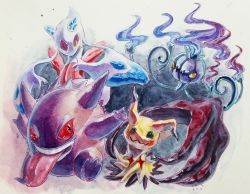 Rule 34 | absurdres, chandelure, claws, commentary request, creatures (company), fire, froslass, game freak, gen 1 pokemon, gen 4 pokemon, gen 5 pokemon, gen 7 pokemon, gengar, highres, masshu (shu 123426), mimikyu, nintendo, no humans, painting (medium), pokemon, pokemon (creature), red eyes, smile, teeth, tongue, tongue out, traditional media, watercolor (medium)