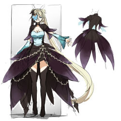 Rule 34 | 1girl, absurdly long hair, black thighhighs, blonde hair, blue eyes, breasts, bug, butterfly, butterfly eyepatch, character request, character sheet, choker, cleavage, cloud kingdom, detached sleeves, eyepatch, full body, insect, large breasts, long hair, multiple views, original, pas (paxiti), showgirl skirt, thighhighs, turnaround, twintails, very long hair