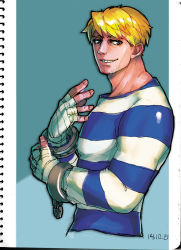Rule 34 | 1boy, blonde hair, blue eyes, cody travers, cuffs, facial hair, grin, hand wraps, handcuffs, highres, male focus, marker (medium), prison clothes, ryuudou takeshi, scan, smile, solo, street fighter, stubble, traditional media, wrist wrap