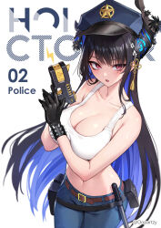 1girl asymmetrical_horns bare_shoulders black_hair black_horns blue_hair blue_hat blue_pants blush breasts cleavage collarbone cowboy_shot denim hat highres holding holding_weapon hololive hololive_english horns large_breasts long_hair mole mole_under_eye multicolored_hair navel nerissa_ravencroft oopartz_yang pants police_hat purple_eyes solo tank_top taser two-tone_hair virtual_youtuber weapon white_tank_top