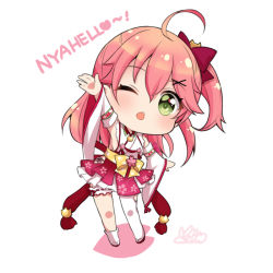 Rule 34 | 1girl, ;o, ahoge, arm up, bridal garter, chestnut mouth, chibi, detached sleeves, full body, green eyes, hair ornament, hairclip, hololive, one eye closed, open mouth, pink hair, sakura miko, sakura miko (1st costume), signature, solo, virtual youtuber, white background, x hair ornament, yuncha