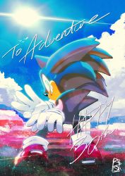 Rule 34 | 1boy, a r q, animal nose, bad id, bad twitter id, blue sky, english text, from behind, furry, furry male, gloves, green eyes, grin, highres, looking back, male focus, middle w, shoes, sky, smile, sneakers, solo, sonic (series), sonic the hedgehog, sun, w, white gloves