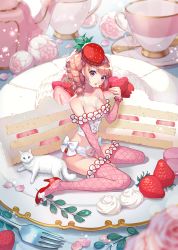 Rule 34 | 1girl, bow, breasts, bustier, cake, cat, collarbone, commentary request, cup, detached sleeves, drill hair, flower, food, food-themed clothes, fork, fruit, full body, garter belt, garter straps, hat, high heels, highres, holding, holding fork, leaf, lips, long hair, looking at viewer, macaron, medium breasts, mini person, minigirl, nishimura eri, original, oversized food, oversized object, panties, parted lips, pink hair, pink panties, pink theme, pink thighhighs, red footwear, red theme, saucer, solo, strawberry, sweets lingerie, teacup, thighhighs, underwear, white bow, white cat