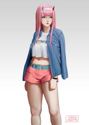 Rule 34 | 10s, 1girl, aqua eyes, belt, candy, carlo montie, darling in the franxx, food, hairband, highres, horns, jacket, jacket on shoulders, lollipop, long hair, looking to the side, midriff, navel, pink hair, pink shorts, realistic, red horns, shorts, signature, smartwatch, solo, tank top, watch, white hairband, wristwatch, zero two (darling in the franxx)