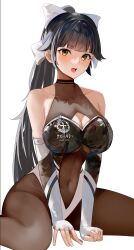 Rule 34 | 1girl, absurdres, azur lane, black gloves, black hair, black leotard, bodystocking, breasts, cleavage, cleavage cutout, clothing cutout, covered collarbone, covered navel, elbow gloves, gloves, hair ribbon, highleg, highleg leotard, highres, kejirion, large breasts, leotard, long hair, looking at viewer, navel cutout, official alternate costume, open mouth, orange eyes, pantyhose, ponytail, race queen, ribbon, sitting, solo, takao (azur lane), takao (full throttle charmer) (azur lane), two-tone gloves, two-tone leotard, very long hair, wariza, white background, white gloves, white leotard, white ribbon