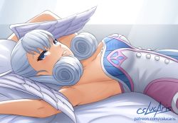 Rule 34 | 1girl, armpits, arms up, bed sheet, blue eyes, breasts, cslucaris, curly hair, dress, elbow gloves, feathered wings, from side, gloves, head wings, looking at viewer, looking to the side, lying, medium breasts, melia antiqua, multicolored clothes, multicolored dress, nintendo, on back, on bed, parted lips, pillow, seductive smile, signature, smile, solo, strapless, strapless dress, upper body, watermark, web address, white wings, wings, xenoblade chronicles (series), xenoblade chronicles 1